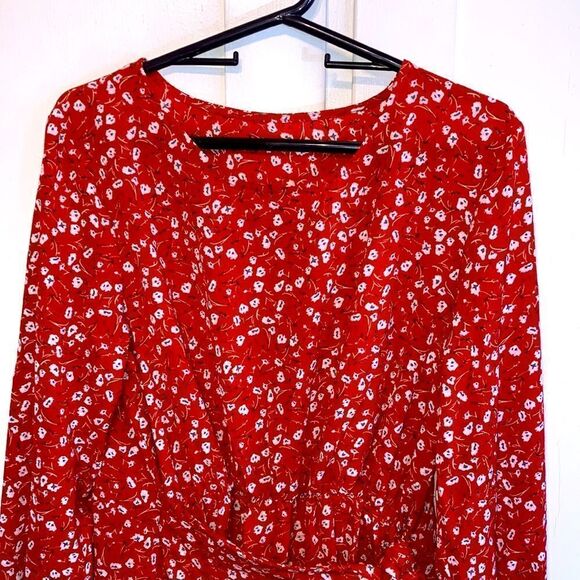 Women’s Red Floral Mock Wrap Knee Length Long Sleeve Lightweight Dress Size L - Picture 2 of 7